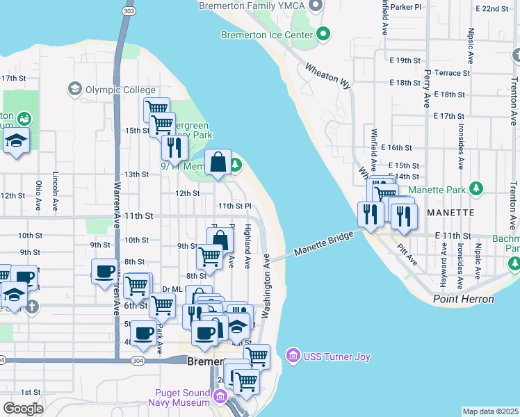 map of restaurants, bars, coffee shops, grocery stores, and more near 956 Washington Avenue in Bremerton