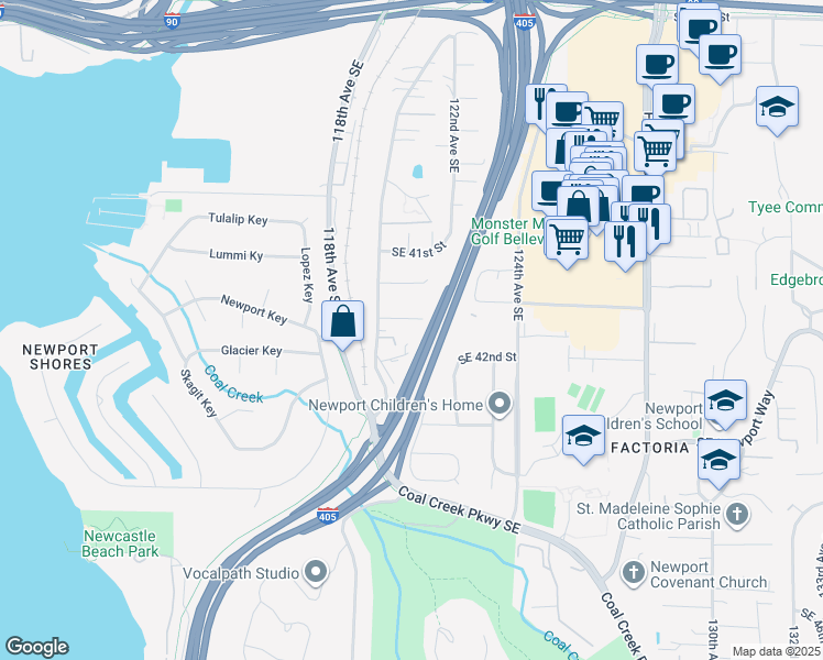 map of restaurants, bars, coffee shops, grocery stores, and more near 12037 Southeast 42nd Court in Bellevue