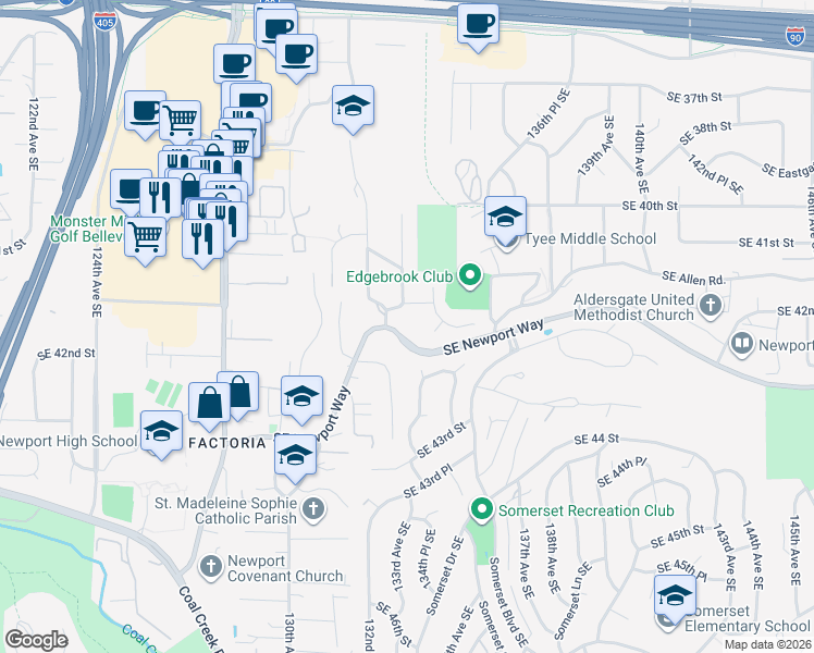 map of restaurants, bars, coffee shops, grocery stores, and more near 13320 Southeast Newport Way in Bellevue
