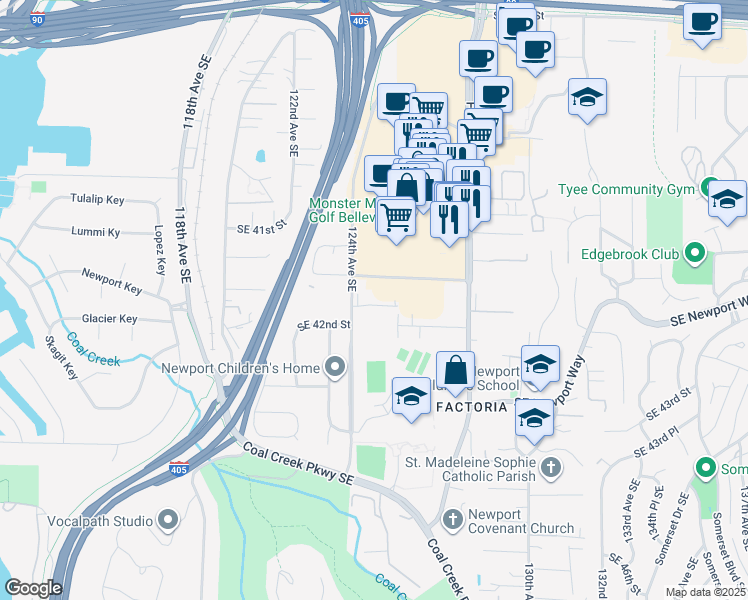 map of restaurants, bars, coffee shops, grocery stores, and more near 4164 124th Avenue Southeast in Bellevue