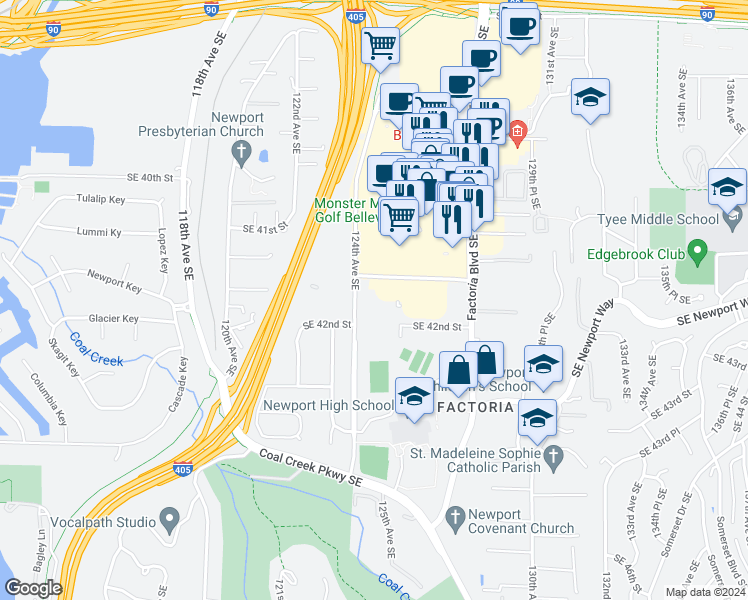 map of restaurants, bars, coffee shops, grocery stores, and more near 4162 124th Avenue Southeast in Bellevue