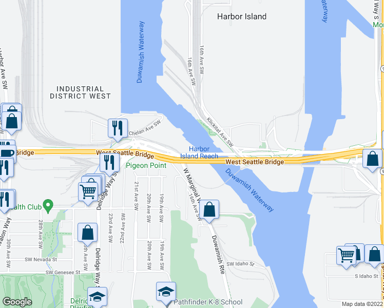 map of restaurants, bars, coffee shops, grocery stores, and more near 1700 SW Spokane St in Seattle