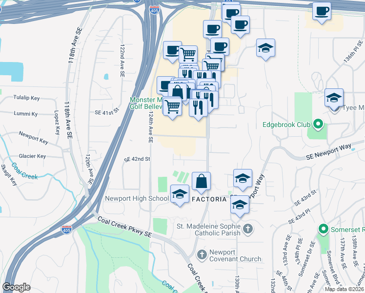 map of restaurants, bars, coffee shops, grocery stores, and more near 12606 Southeast 42nd Street in Bellevue