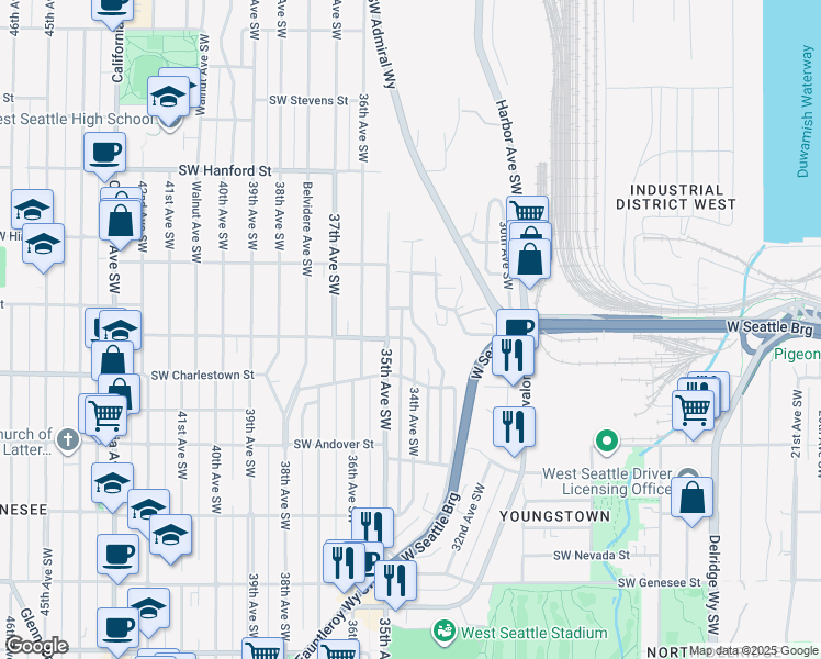 map of restaurants, bars, coffee shops, grocery stores, and more near 3706 34th Avenue Southwest in Seattle