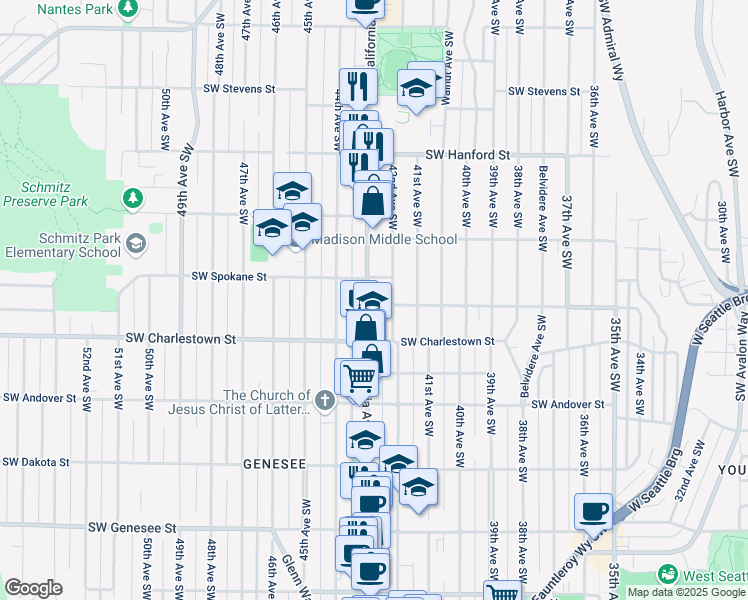 map of restaurants, bars, coffee shops, grocery stores, and more near 3700 California Avenue Southwest in Seattle