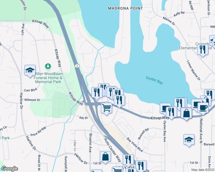 map of restaurants, bars, coffee shops, grocery stores, and more near 1100 Shorewood Drive in Bremerton