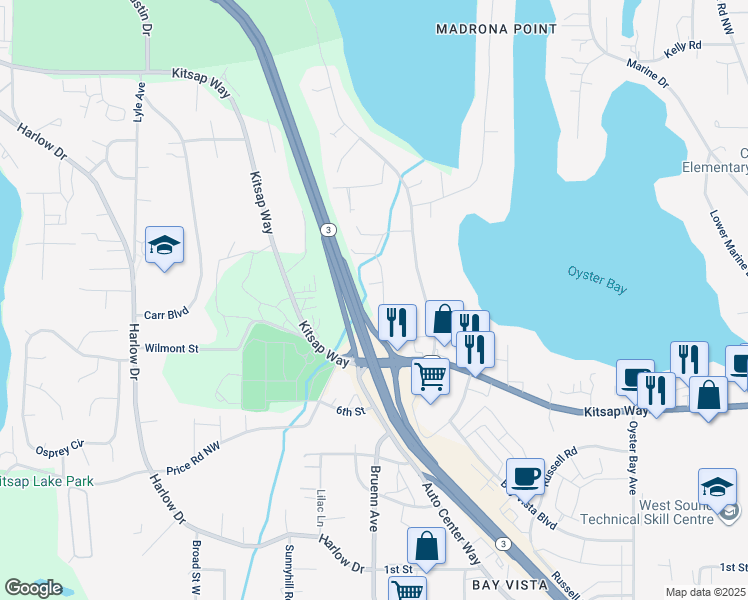 map of restaurants, bars, coffee shops, grocery stores, and more near 1109 Brentwood Drive in Bremerton