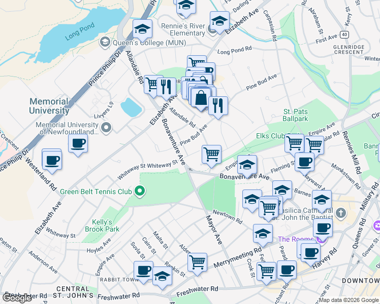 map of restaurants, bars, coffee shops, grocery stores, and more near 12 Whiteway Place in St. John's