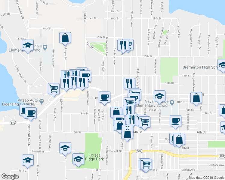map of restaurants, bars, coffee shops, grocery stores, and more near 1113 North Cambrian Avenue in Bremerton