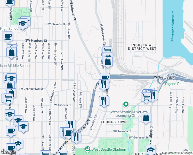 map of restaurants, bars, coffee shops, grocery stores, and more near 3051 Southwest Manning Street in Seattle