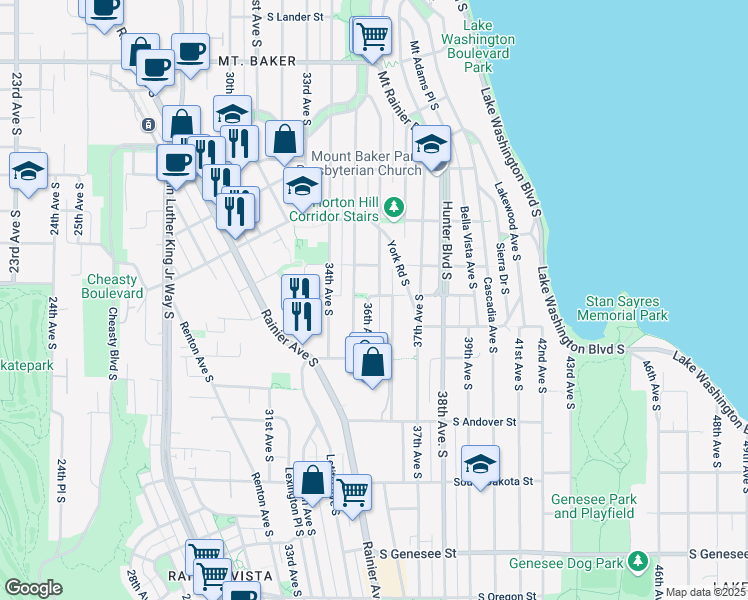 map of restaurants, bars, coffee shops, grocery stores, and more near 3601 South Spokane Street in Seattle