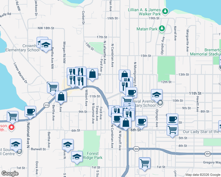 map of restaurants, bars, coffee shops, grocery stores, and more near 1111 North Cambrian Avenue in Bremerton