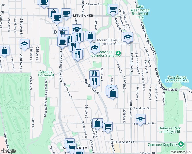 map of restaurants, bars, coffee shops, grocery stores, and more near 3642 33rd Avenue South in Seattle