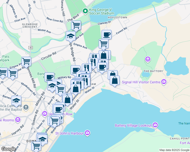 map of restaurants, bars, coffee shops, grocery stores, and more near 41 Plymouth Road in St. John's