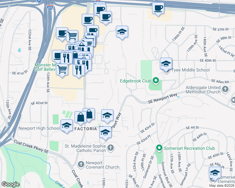map of restaurants, bars, coffee shops, grocery stores, and more near 13232 Southeast Newport Way in Bellevue