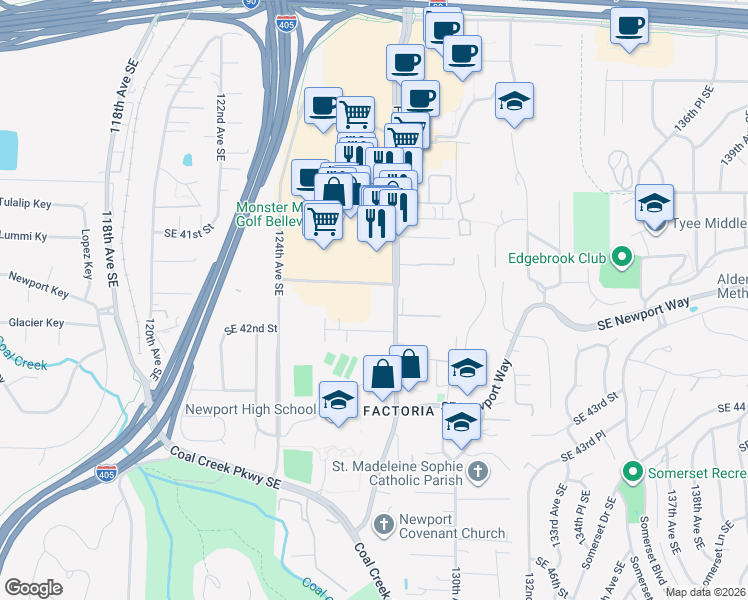map of restaurants, bars, coffee shops, grocery stores, and more near 12701 Southeast 41st Place in Bellevue