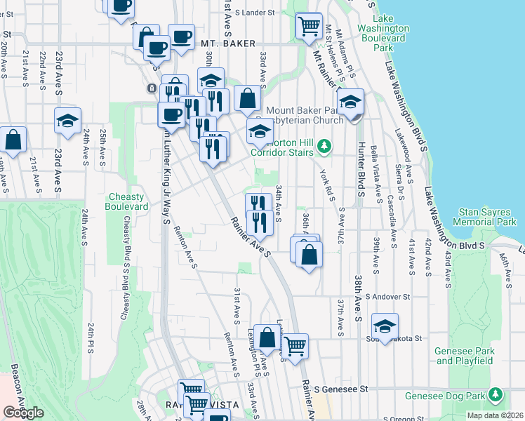 map of restaurants, bars, coffee shops, grocery stores, and more near 3642 33rd Avenue South in Seattle