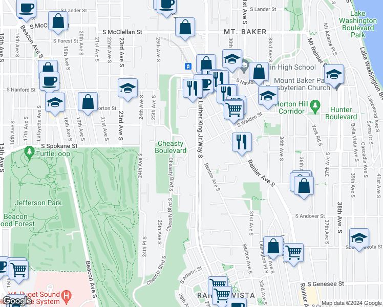 map of restaurants, bars, coffee shops, grocery stores, and more near 3623 27th Avenue South in Seattle