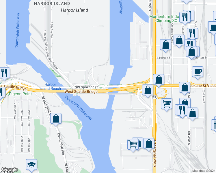 map of restaurants, bars, coffee shops, grocery stores, and more near 901 Southwest Spokane Street in Seattle
