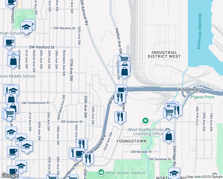 map of restaurants, bars, coffee shops, grocery stores, and more near 3051 Southwest Manning Street in Seattle