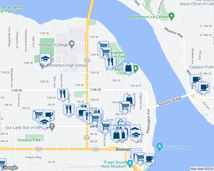 map of restaurants, bars, coffee shops, grocery stores, and more near 707 11th Street in Bremerton