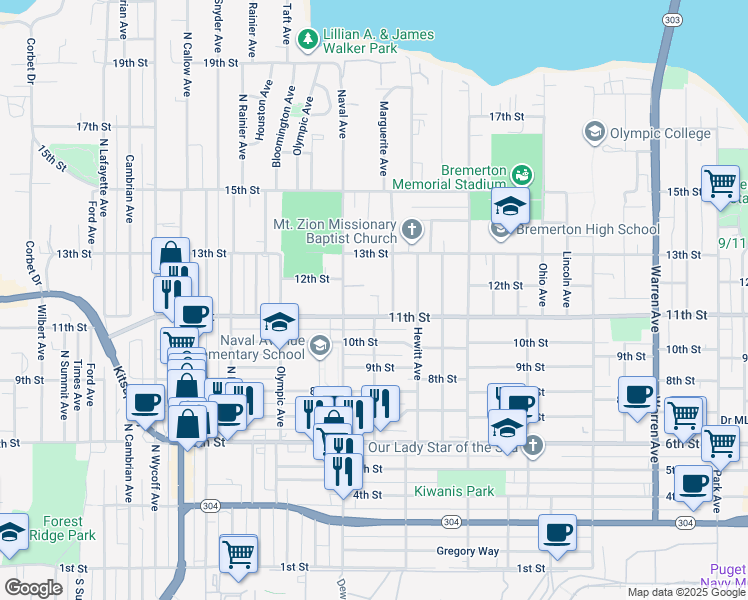 map of restaurants, bars, coffee shops, grocery stores, and more near 2000 11th Street in Bremerton