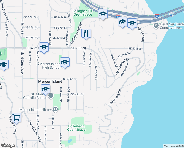map of restaurants, bars, coffee shops, grocery stores, and more near 4134 93rd Avenue Southeast in Mercer Island