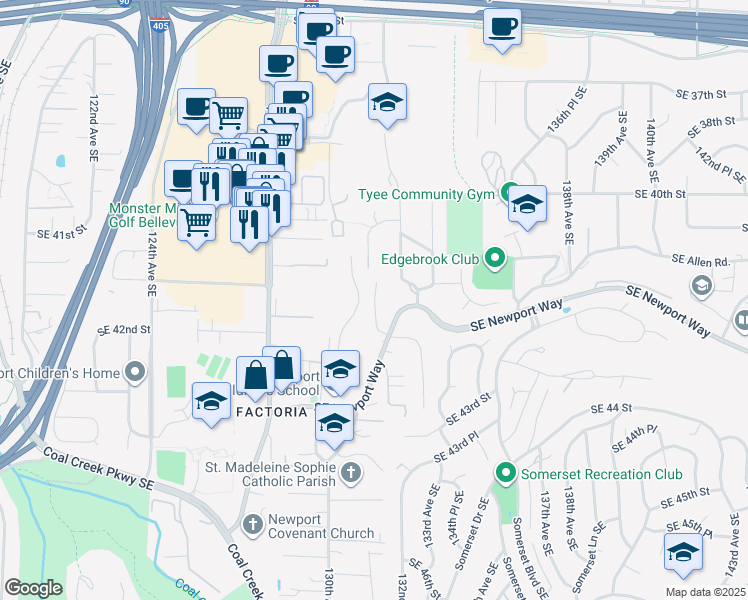 map of restaurants, bars, coffee shops, grocery stores, and more near 13232 Southeast Newport Way in Bellevue