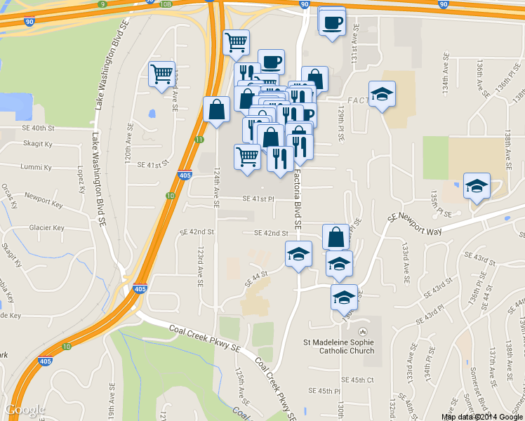 map of restaurants, bars, coffee shops, grocery stores, and more near 12511 Southeast 41st Place in Bellevue