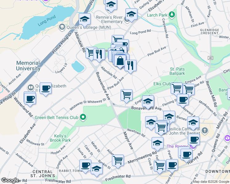 map of restaurants, bars, coffee shops, grocery stores, and more near 8 Whiteway Place in St. John's