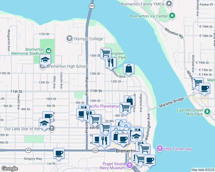 map of restaurants, bars, coffee shops, grocery stores, and more near 707 11th Street in Bremerton