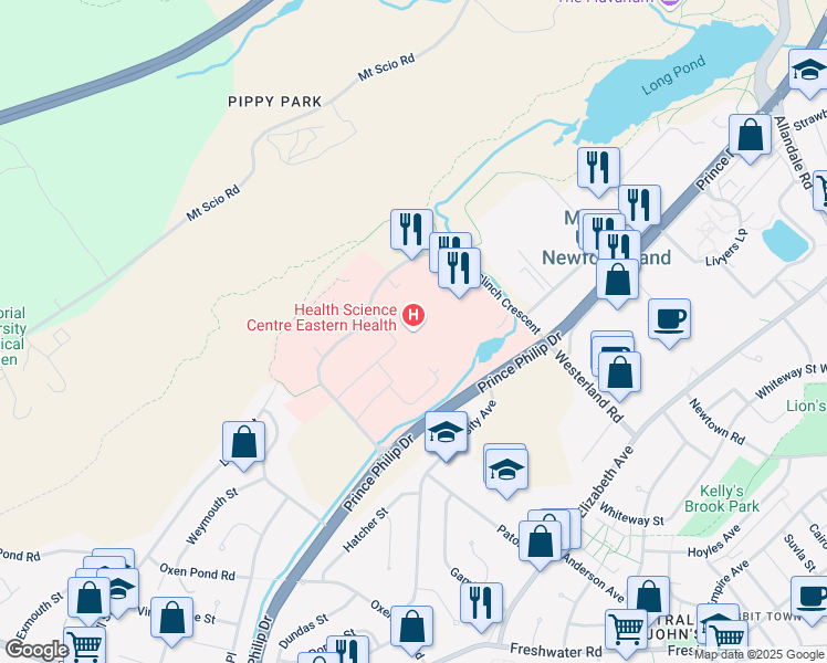 map of restaurants, bars, coffee shops, grocery stores, and more near 300 Prince Philip Drive in St. John's