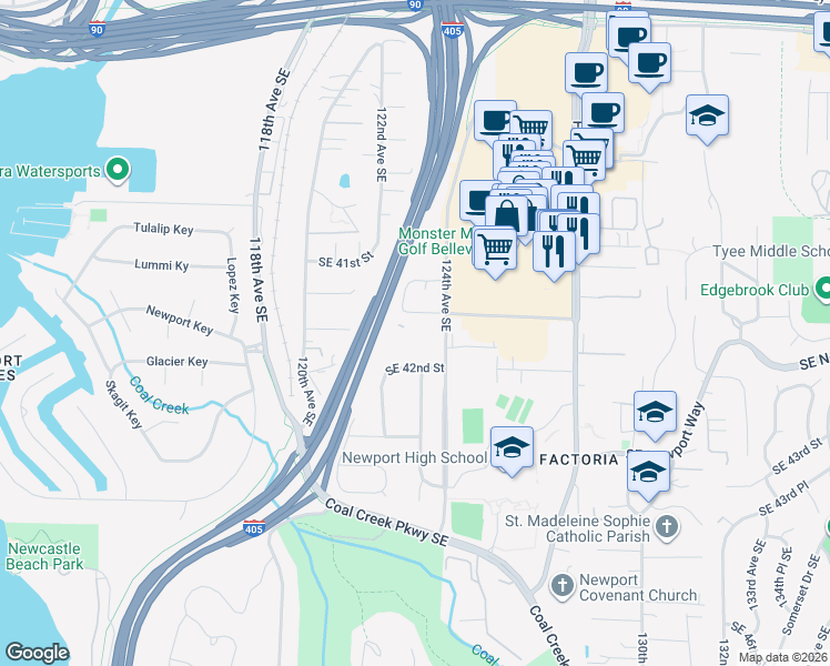 map of restaurants, bars, coffee shops, grocery stores, and more near 12312 Southeast 42nd Street in Bellevue
