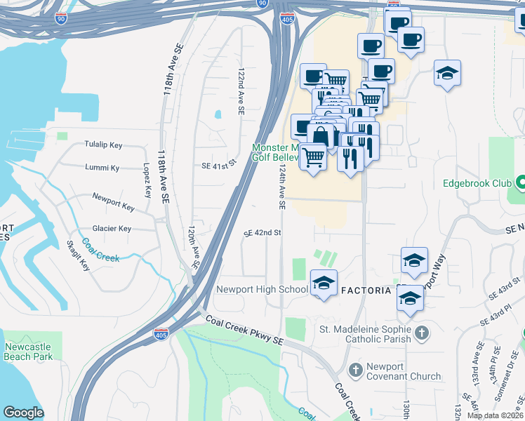 map of restaurants, bars, coffee shops, grocery stores, and more near 12389 Southeast 41st Lane in Bellevue