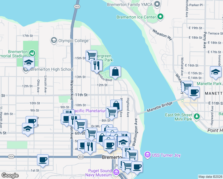 map of restaurants, bars, coffee shops, grocery stores, and more near 1117 Pacific Avenue in Bremerton