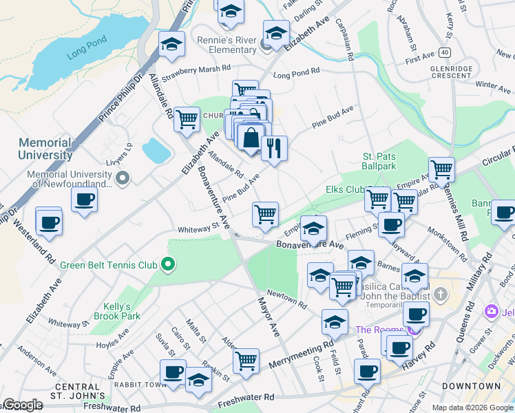 map of restaurants, bars, coffee shops, grocery stores, and more near 9 Allandale Road in St. John's