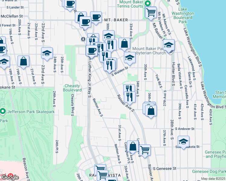 map of restaurants, bars, coffee shops, grocery stores, and more near 3501 Rainier Avenue South in Seattle