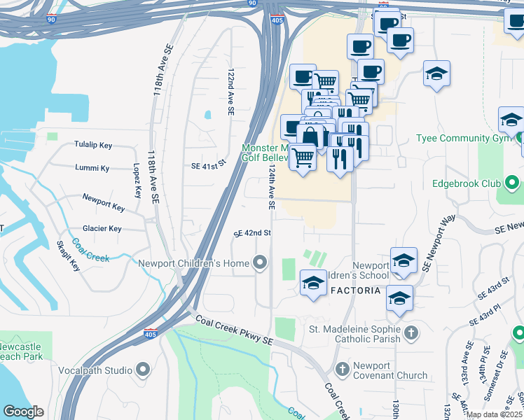 map of restaurants, bars, coffee shops, grocery stores, and more near 12312 Southeast 42nd Street in Bellevue