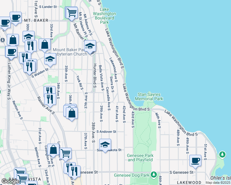 map of restaurants, bars, coffee shops, grocery stores, and more near 3614 Lakewood Avenue South in Seattle