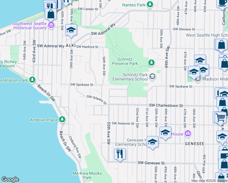 map of restaurants, bars, coffee shops, grocery stores, and more near 5329 Southwest Orleans Street in Seattle