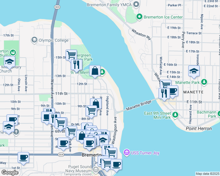 map of restaurants, bars, coffee shops, grocery stores, and more near 941 Highland Avenue in Bremerton