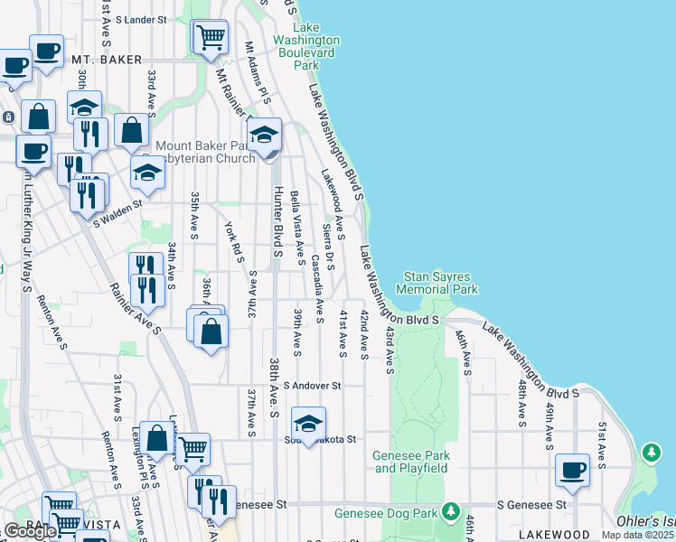 map of restaurants, bars, coffee shops, grocery stores, and more near 3614 Lakewood Avenue South in Seattle