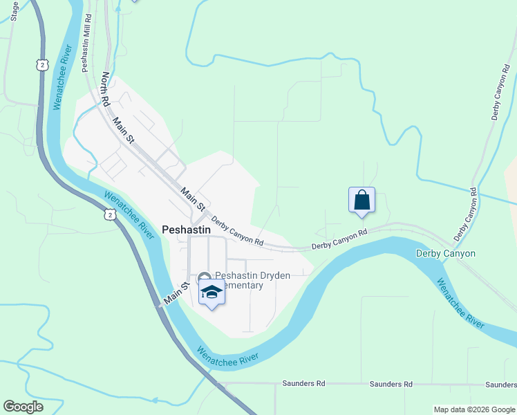 map of restaurants, bars, coffee shops, grocery stores, and more near 8654 Larson Road in Peshastin