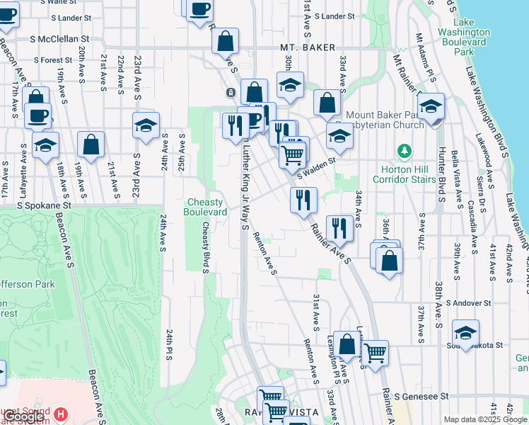 map of restaurants, bars, coffee shops, grocery stores, and more near 2821 South Walden Street in Seattle