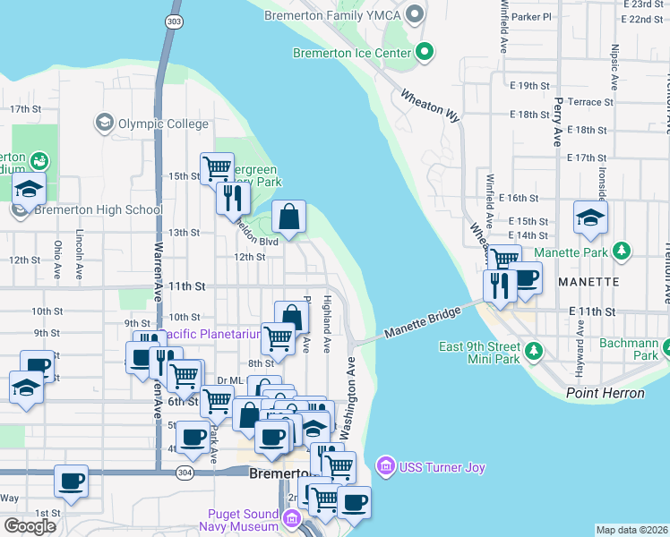 map of restaurants, bars, coffee shops, grocery stores, and more near 941 Highland Avenue in Bremerton
