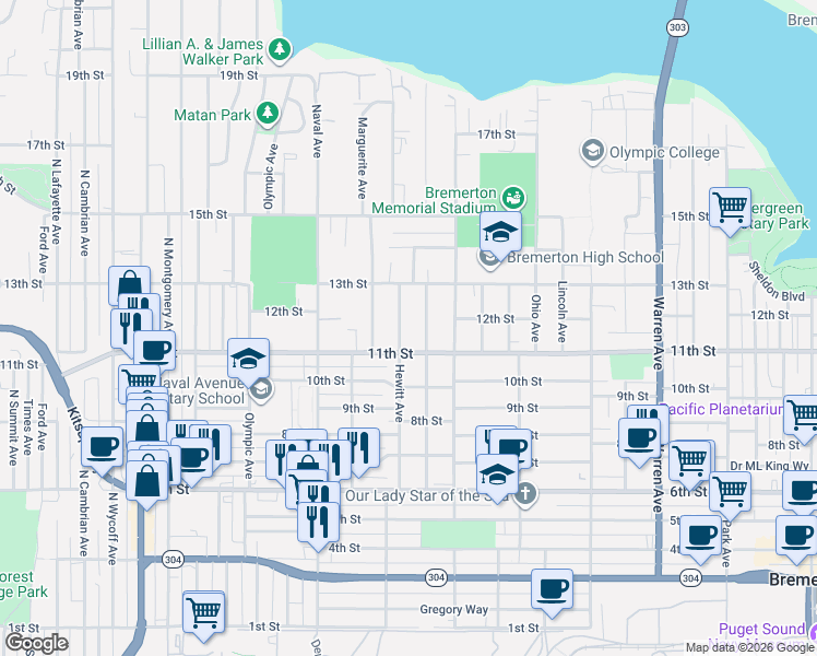 map of restaurants, bars, coffee shops, grocery stores, and more near 1102 Hewitt Avenue in Bremerton