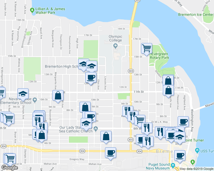 map of restaurants, bars, coffee shops, grocery stores, and more near 1118 Lincoln Avenue in Bremerton