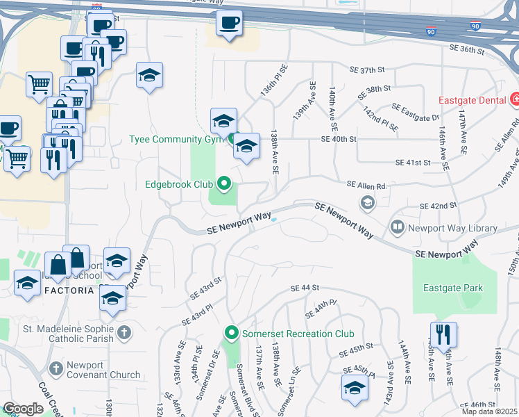 map of restaurants, bars, coffee shops, grocery stores, and more near 13718 Southeast 42nd Street in Bellevue