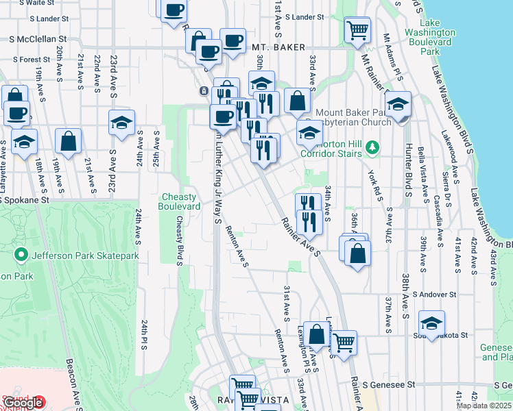 map of restaurants, bars, coffee shops, grocery stores, and more near 2900 South Court Street in Seattle
