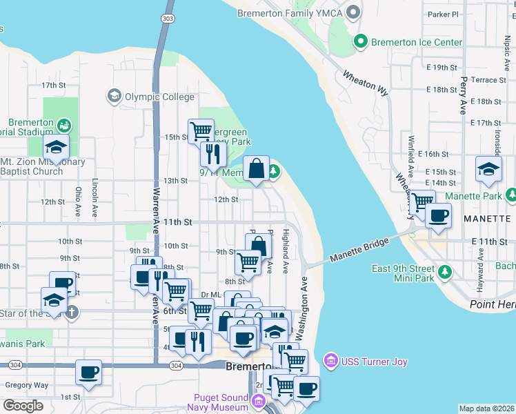 map of restaurants, bars, coffee shops, grocery stores, and more near 932 Pacific Avenue in Bremerton